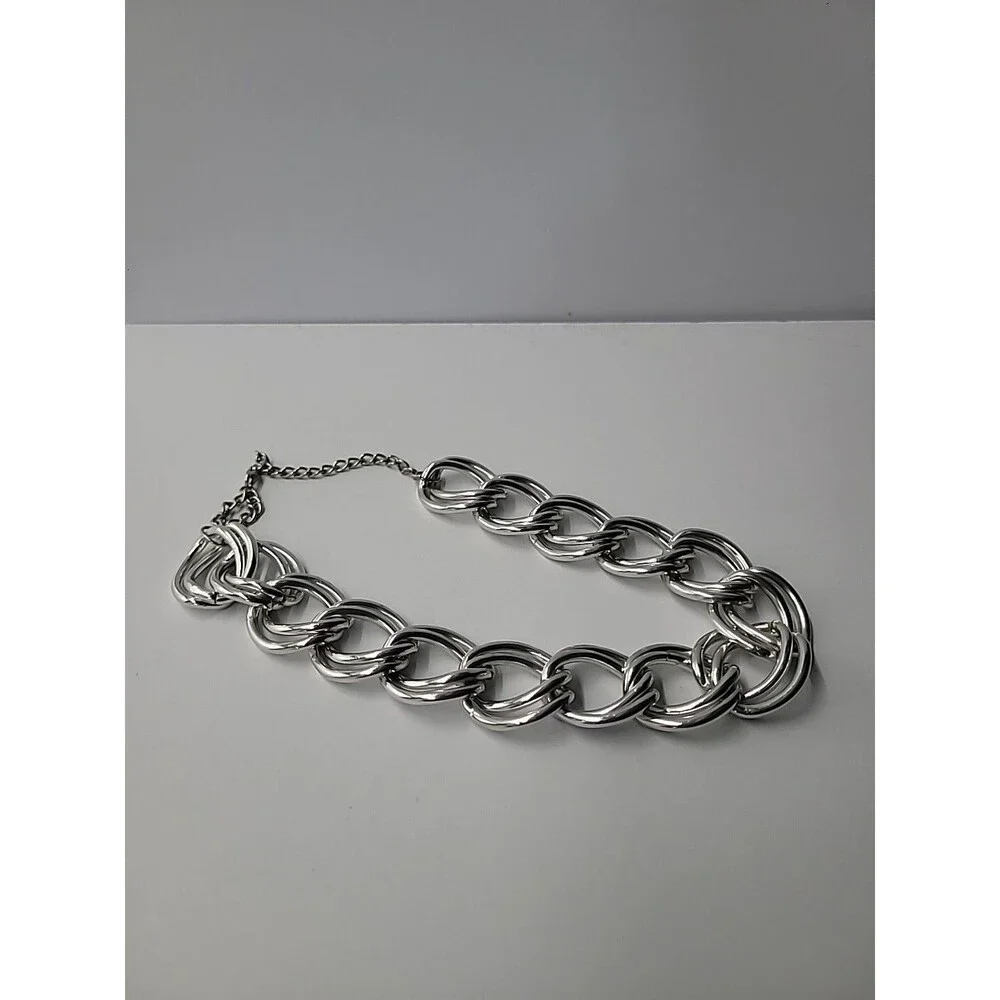 Chunky Silver Tone Link Necklace Oversized Chain Statement Collar - Picture 8 of 10